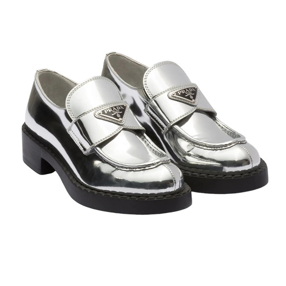NWOT Prada Metallic Leather 50mm Block Heel Loafers Shoes Silver Women's EU 40 - Picture 1 of 9